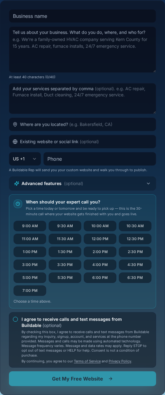 Screenshot of the Buildable intake form showing the phone number field, the unchecked SMS consent checkbox with its full consent disclosure, and the submit button.